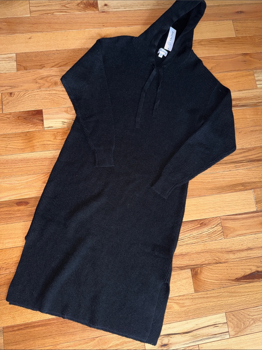 Black Hooded Rib-Knit Dress